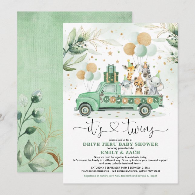 Greenery Safari Animals Twins Boy Girl Baby Shower Invitation (Front/Back)