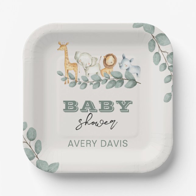 Greenery Safari Baby Shower 7" Square Paper Plates (Front)