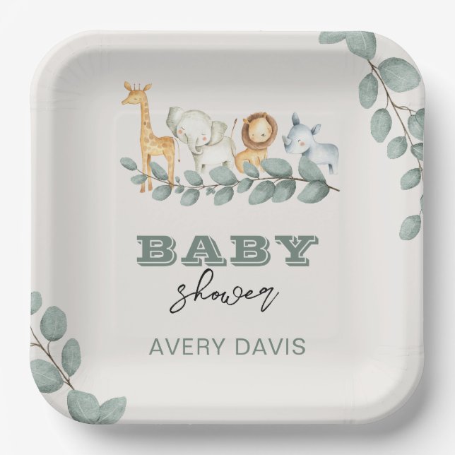 Greenery Safari Baby Shower 9" Square Paper Plates (Front)