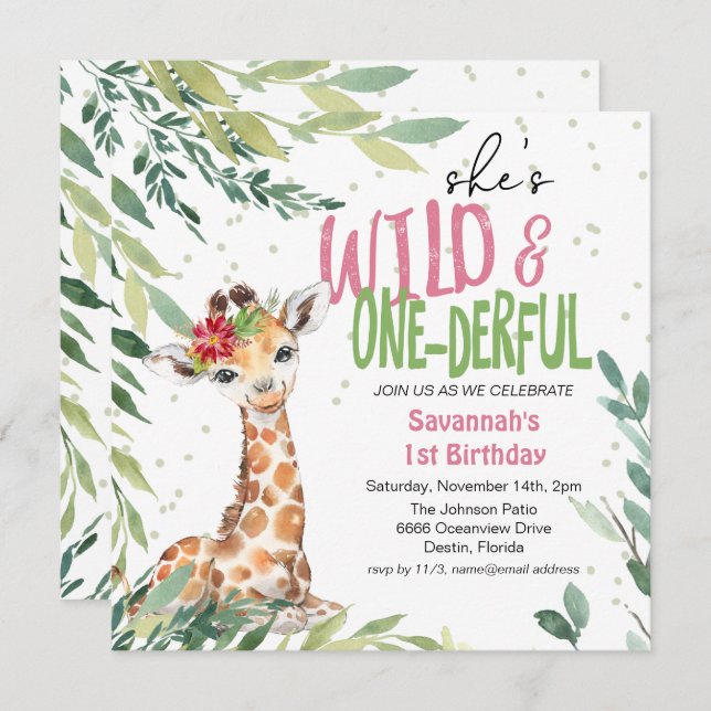 Greenery Safari Giraffe Wild One 1st Birthday Invitation (Front/Back)