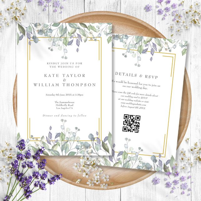 Greenery Sage Lilac Floral QR Code Wedding Invitation (Greenery Sage Lilac Floral QR Code Wedding Invitation)