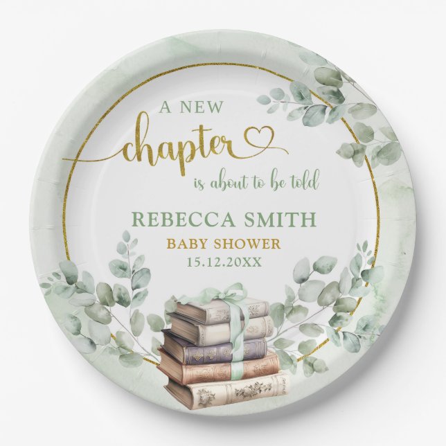Greenery Sage Storybook Baby Shower Paper Plate (Front)