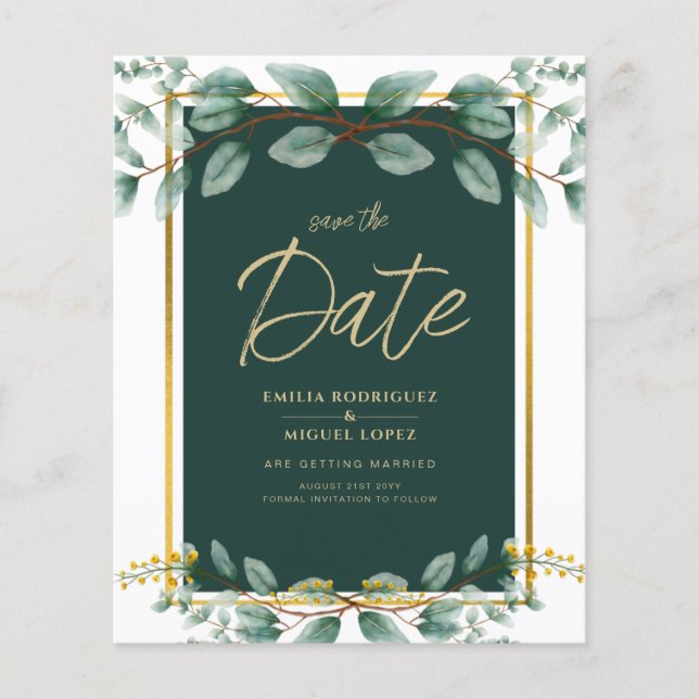Greenery Save the Date Emerald Green Gold Flyer (Front)