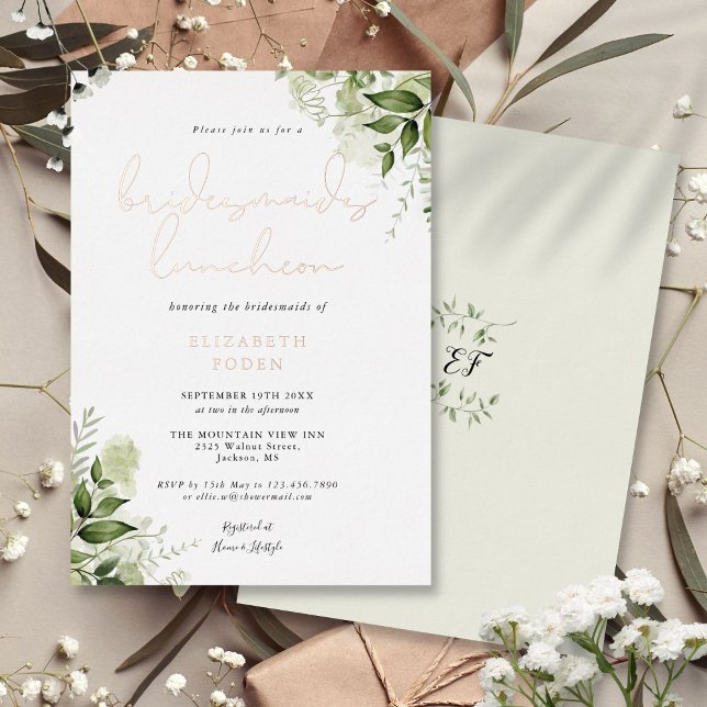 Greenery Script Monogram Bridesmaids Luncheon Foil (Greenery Script Monogram Bridesmaids Luncheon Foil Foil Invitation)