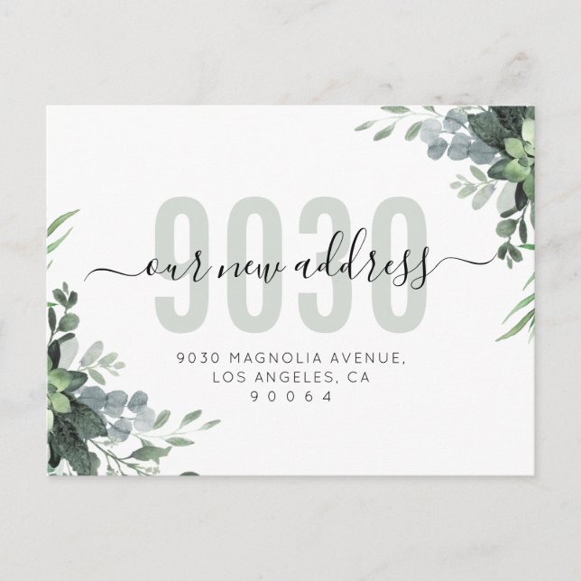 Greenery Script Our New Address We've Moved Moving Announcement Postcard (Front)
