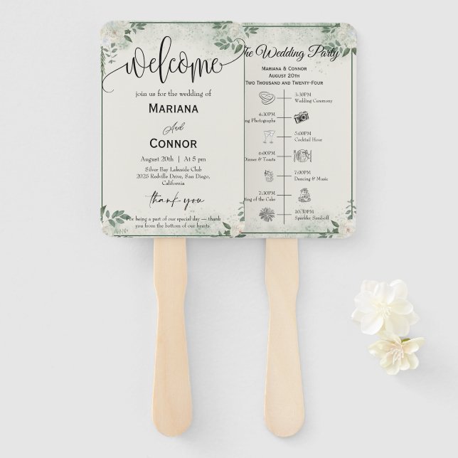 Greenery Script Timeline Program Invitation Hand F Fan (Front and Back)