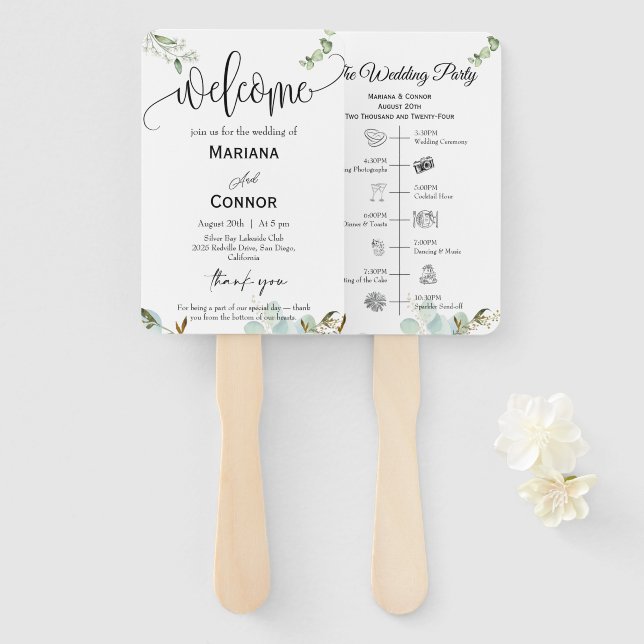 Greenery Script Timeline Program Invitation Hand Fan (Front and Back)