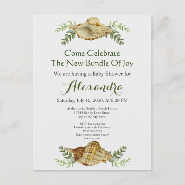 Greenery Seashell Cream Shells Coastal Baby Shower Postcard (Front)