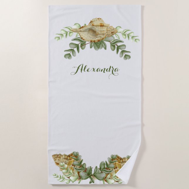 Greenery Seashell Nautical Cream Shells Coastal Beach Towel (Front)