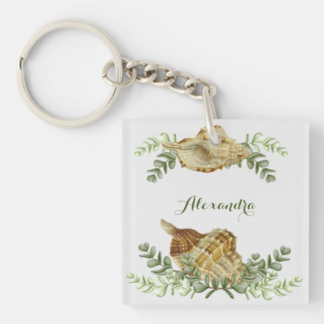 Greenery Seashell Nautical Cream Shells Coastal Keychain (Front)