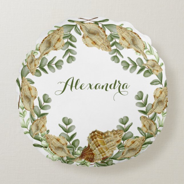 Greenery Seashell Nautical Cream Shells Coastal Ro Round Pillow (Front)