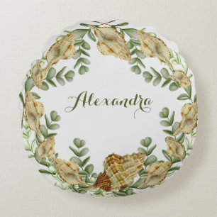 Greenery Seashell Nautical Cream Shells Coastal Round Pillow