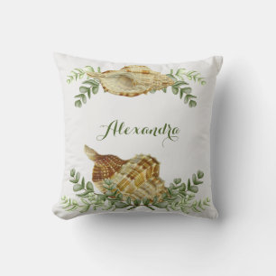 Greenery Seashell Nautical Cream Shells Coastal Throw Pillow