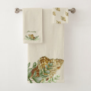 Greenery Seashell Nautical Sand Tan Shells Coastal Bath Towel Set
