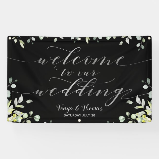 Greenery Silver Calligraphy Black Welcome Wedding Banner (Horizontal)