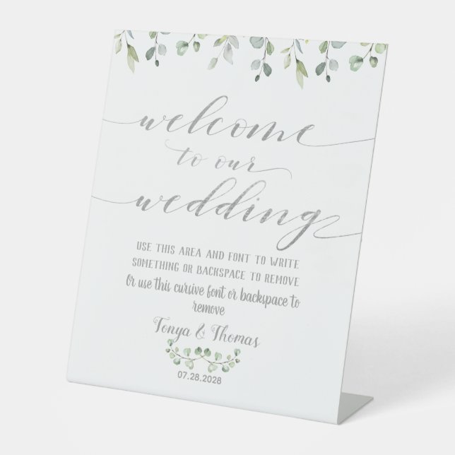 Greenery Silver Fancy Calligraphy Wedding Welcome Pedestal Sign (Front)
