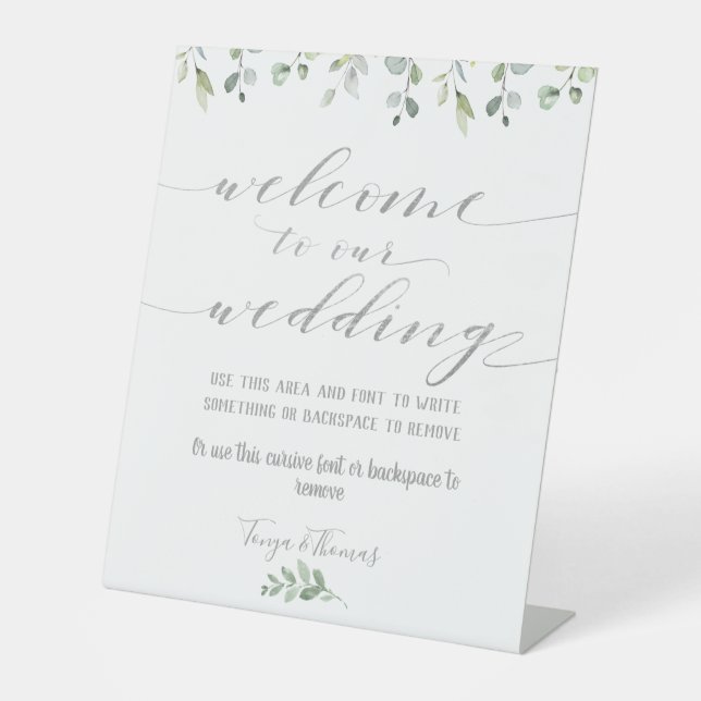 Greenery & Silver Fancy Font Calligraphy Welcome Pedestal Sign (Front)