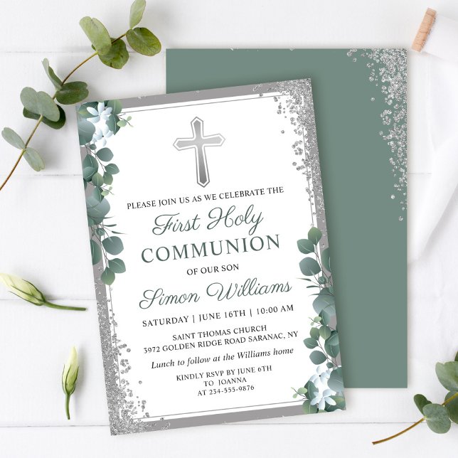 Greenery Silver Glitter First Holy Communion Invitation (Creator Uploaded)