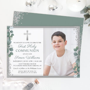 Greenery Silver Glitter First Holy Communion Photo Invitation