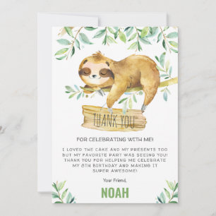 Greenery Sloth Sleepover Slumber Pajama Birthday Thank You Card