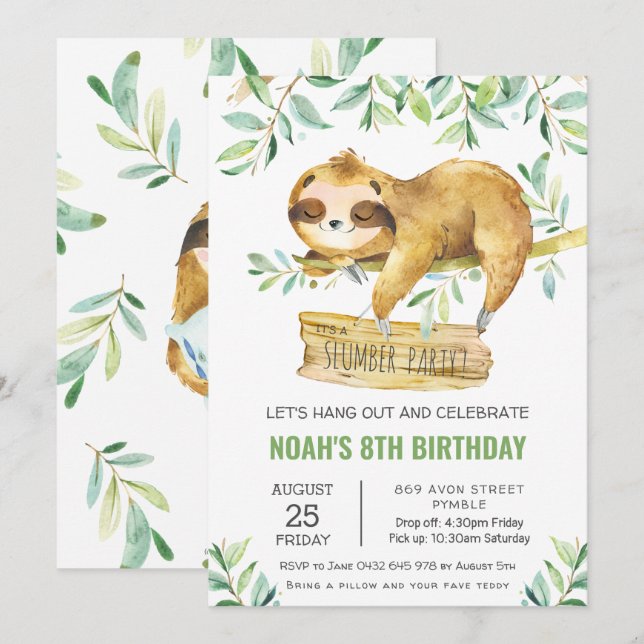 Greenery Sloth Slumber Sleepover Pajama Birthday Invitation (Front/Back)