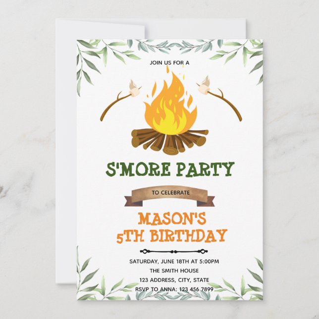 Greenery s'more camp birthday Invitation (Front)