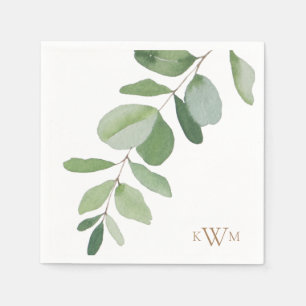 Greenery Stem Gold Monogram Wedding  Napkin