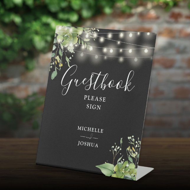 Greenery String Lights Black And White Guestbook Pedestal Sign (Greenery String Lights Black And White Guestbook Pedestal Sign)