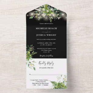 Greenery String Lights Black And White Wedding All In One Invitation