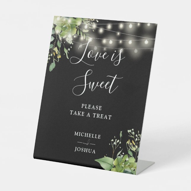 Greenery String Lights Black Love Is Sweet Favours Pedestal Sign (Front)