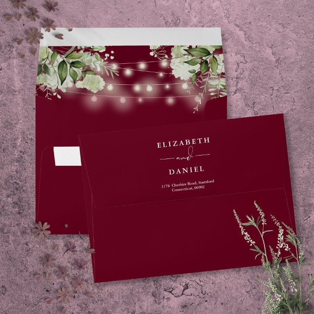 Greenery String Lights Burgundy Return Address Envelope (Greenery String Lights Burgundy Return Address Envelope)