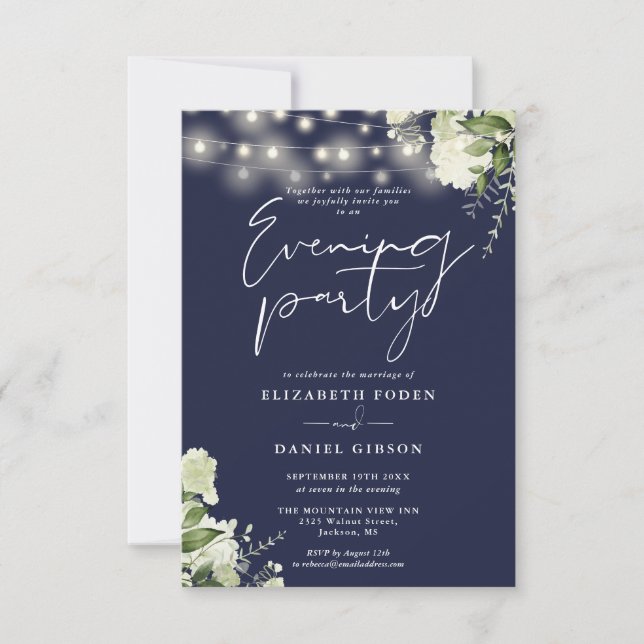 Greenery String Lights Navy Wedding Evening Party Invitation (Front)
