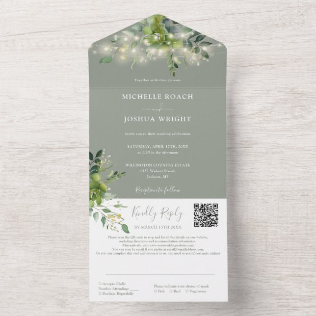 Greenery String Lights QR Code Sage Green Wedding All In One Invitation (Inside)