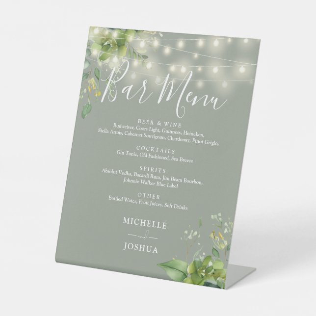 Greenery String Lights Sage Green Wedding Bar Menu Pedestal Sign (Front)