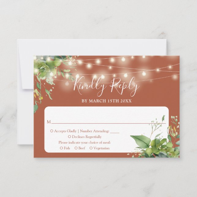 Greenery String Lights Terrcotta Wedding RSVP Card (Front)