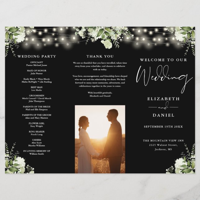 Greenery String Lights Trifold Wedding Program (Front)
