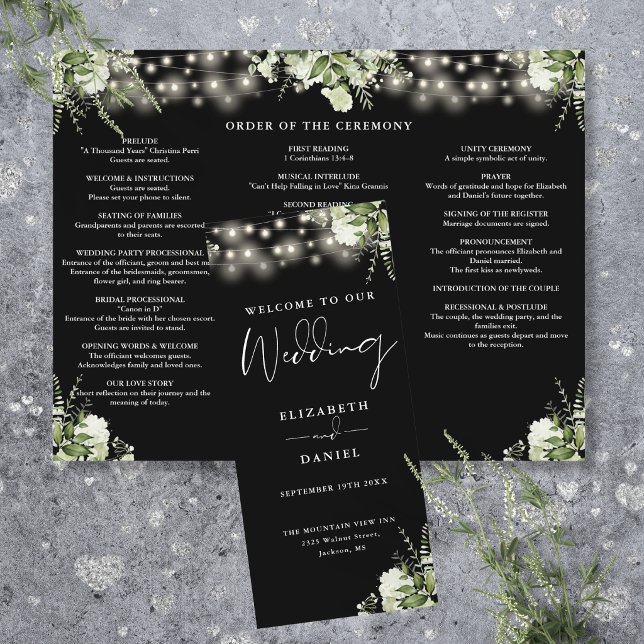 Greenery String Lights Trifold Wedding Program (Greenery String Lights Trifold Wedding Program Flyer)