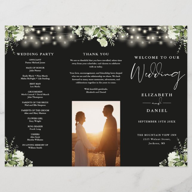 Greenery String Lights Trifold Wedding Program (Front)