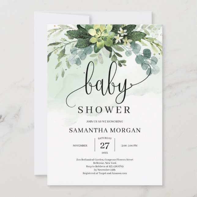 Greenery succulent floral boho rustic baby shower invitation (Front)