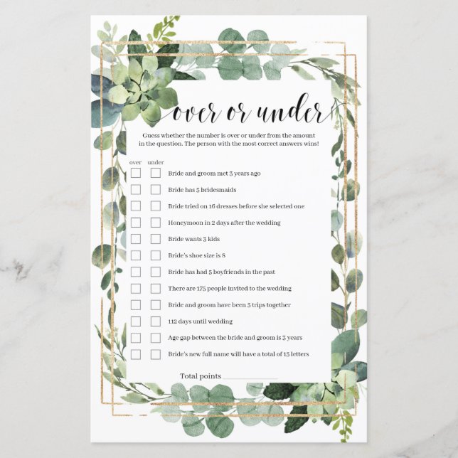 Greenery succulent over or under bridal game (Front)
