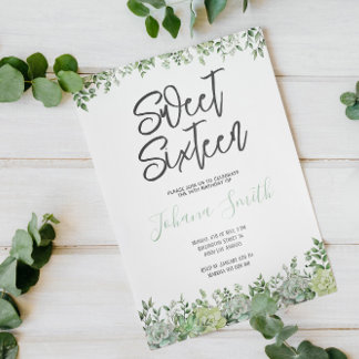 Greenery Succulent Sweet Sixteen Birthday Invitation