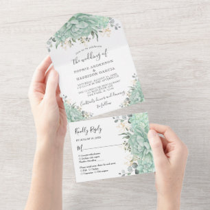 Greenery Succulents and Gold Leaves Wedding All In One Invitation