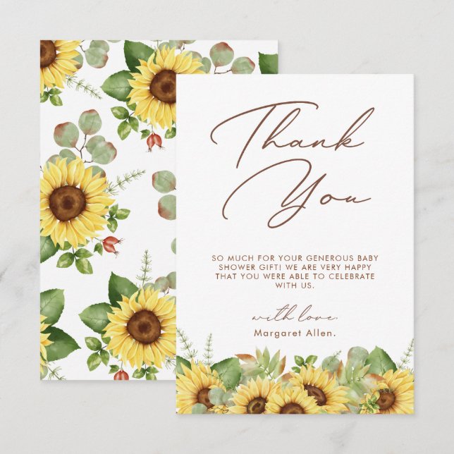  Greenery Sunflower Baby Shower Thank You Card (Front/Back)