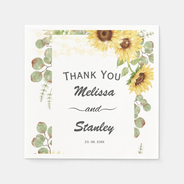 Greenery Sunflower Eucalyptus String Light Wedding Napkin (Front)