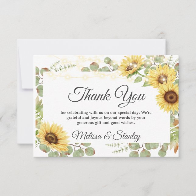 Greenery Sunflower Eucalyptus String Light Wedding Thank You Card (Front)