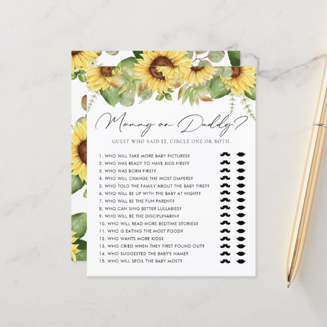 Greenery Sunflower Mommy or Daddy Baby Shower Game (Front/Back In Situ)
