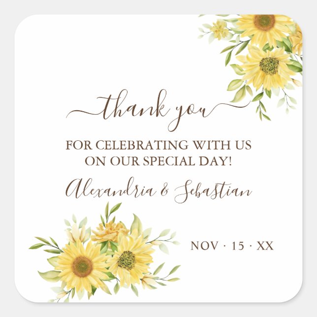 Greenery Sunflower Wedding Thank You  Square Sticker (Front)