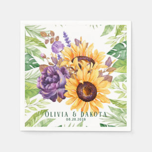 Greenery Sunflowers and Purple Floral Wedding Napkin