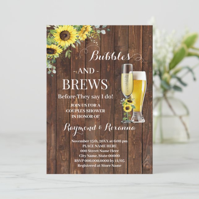 Greenery Sunflowers Bubble & Brews Couples Shower Invitation (Standing Front)
