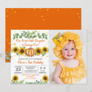 Greenery Sunflowers Pumpkin First Birthday Photo Invitation